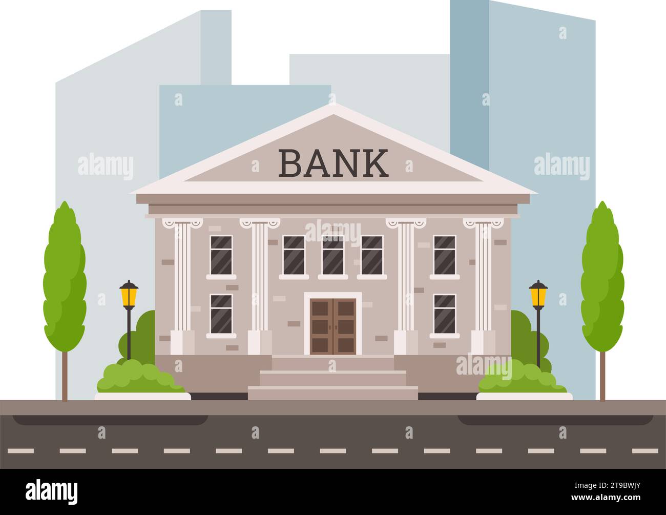Cartoon bank building facade. City bank exterior architecture with columns, financial services and home of money flat vector illustration Stock Vector