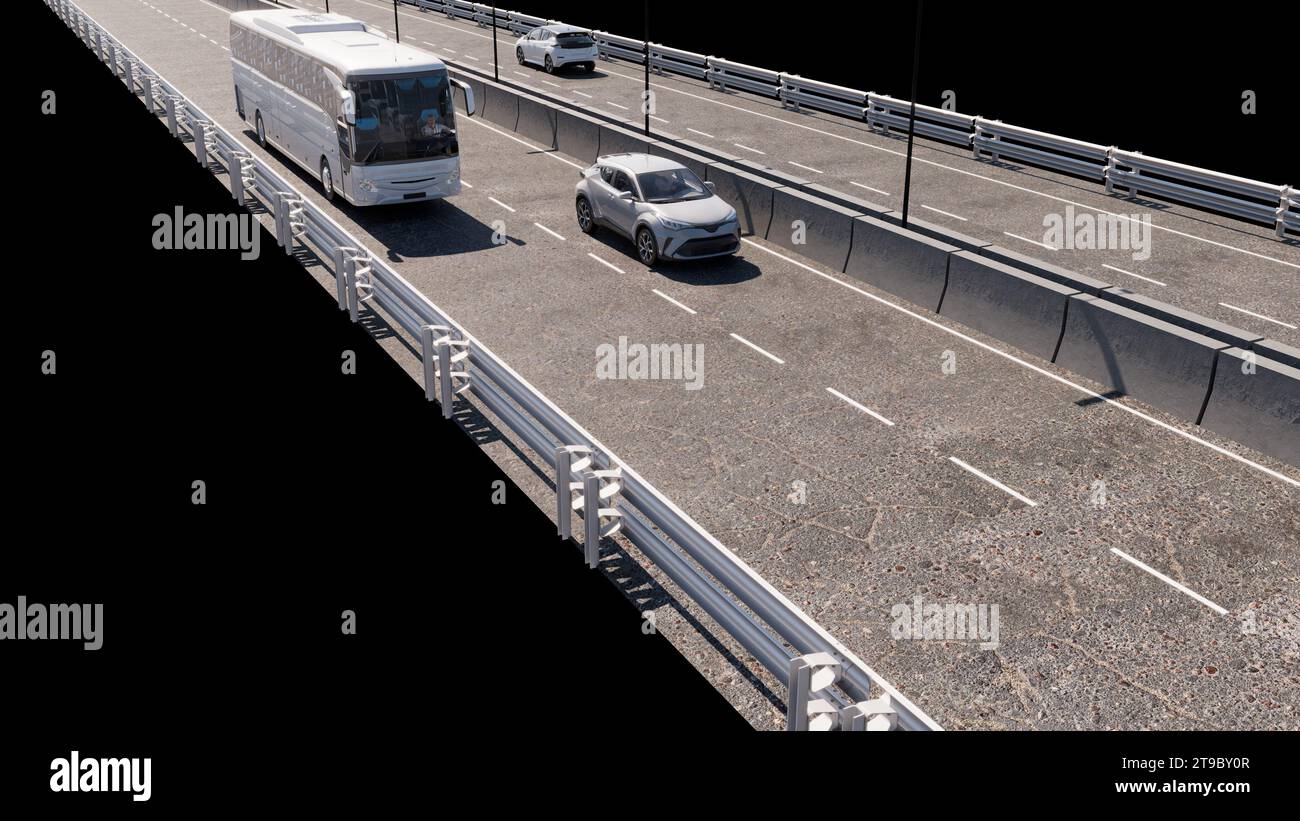 Long-distance bus, highway and state road. Roadways and traffic dividers. Moving vehicles. Traveling and moving by public transport. 3d rendering Stock Photo