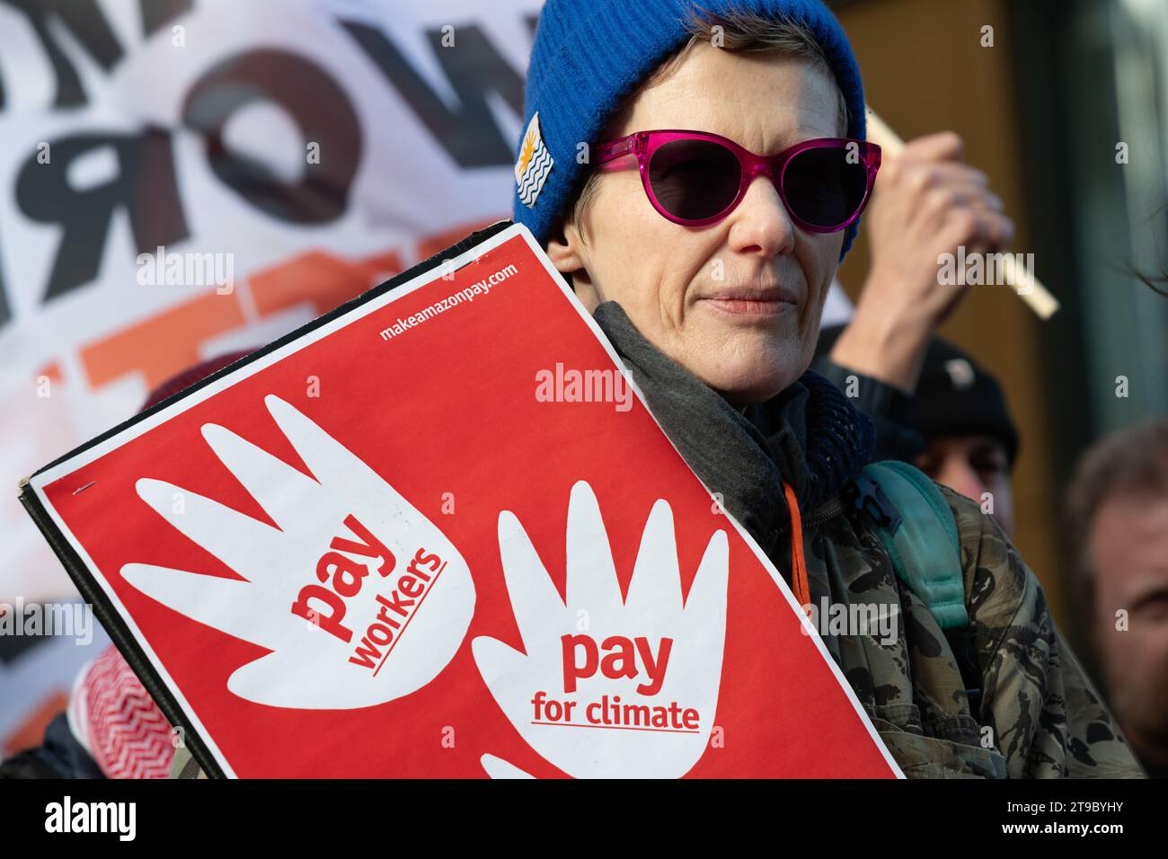 London, UK. 24 November, 2023. A coalition stage a 'Make Amazon Pay