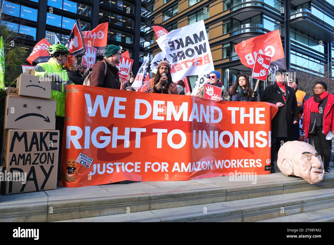 London, UK. 24th November, 2023. GMB Union members stage a protest on Black Friday outside the Amazon headquarters based at Principle Place, Liverpool Street. More than 1,000 workers are striking at the firm's Coventry fulfillment centre demanding trade union recognition for staff and improved pay. Credit: Eleventh Hour Photography/Alamy Live News Stock Photo