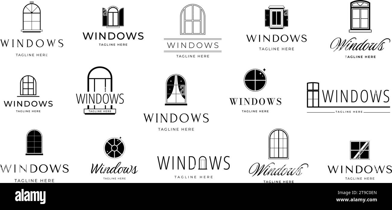 Minimalist window emblems. Casement frame with elegant shutters and curtains, home interior branding design template vector icon set Stock Vector