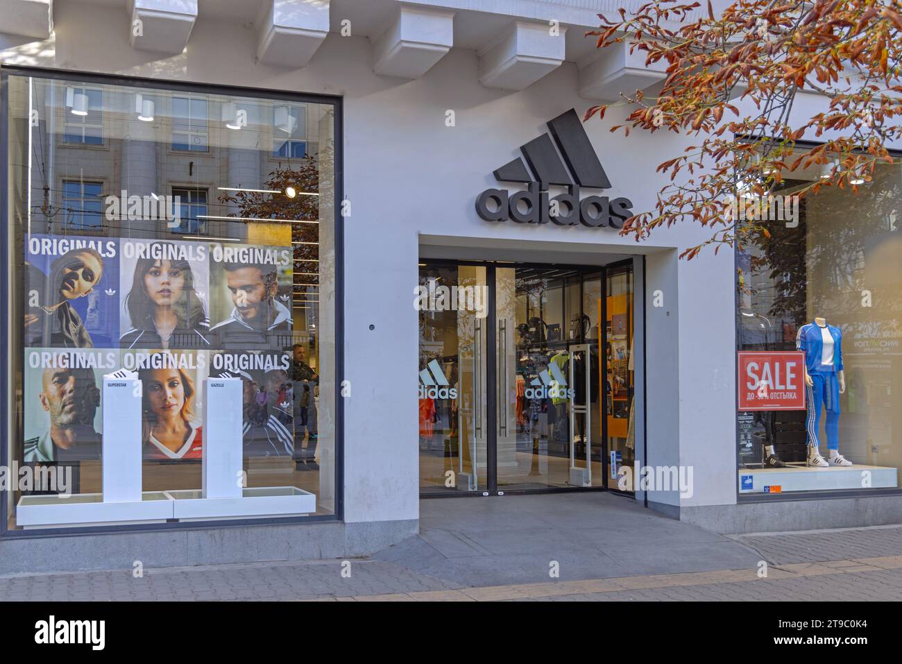 Sofia, Bulgaria - October 16, 2023: Brand Adidas Retail Store Signature Athletic Footwear Clothes Sports Accessories Sale at Vistosha Boulevard in Cit Stock Photo