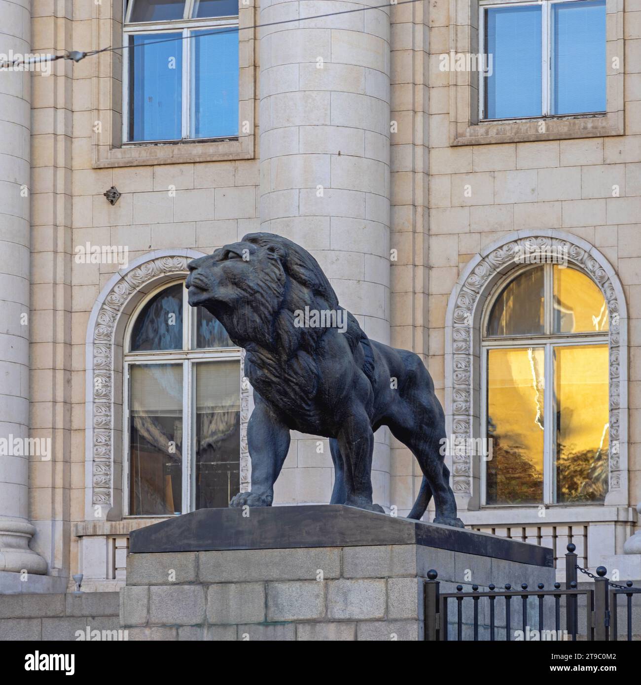 Sofia, Bulgaria - October 16, 2023: Large Lion Sculpture in Front of Justice Palace City Court Building at Vitosha Boulevard. Stock Photo