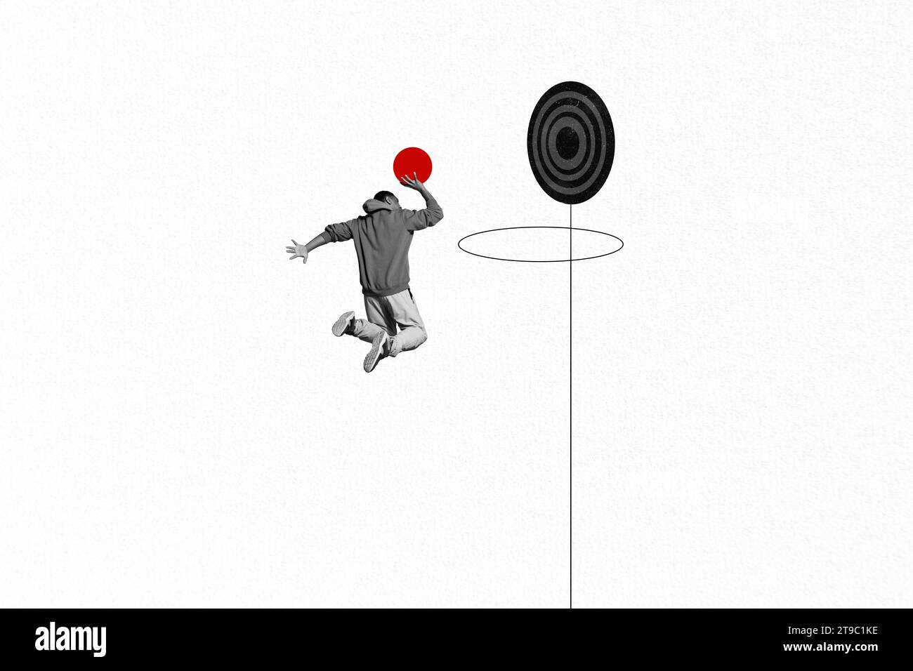 Composite collage image of mini black white effect guy jumping throw