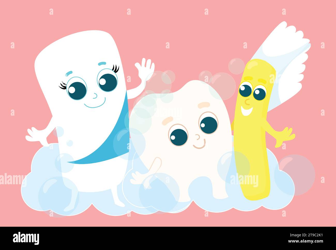 Funny tooth and toothbrush and toothpaste in toothpaste bubbles. The