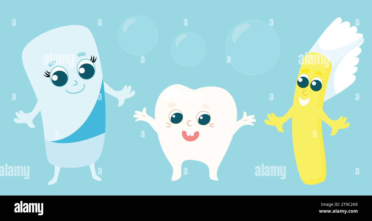 Set of toothpaste, cheerful healthy children's tooth and toothbrush. Character design. Stock Vector