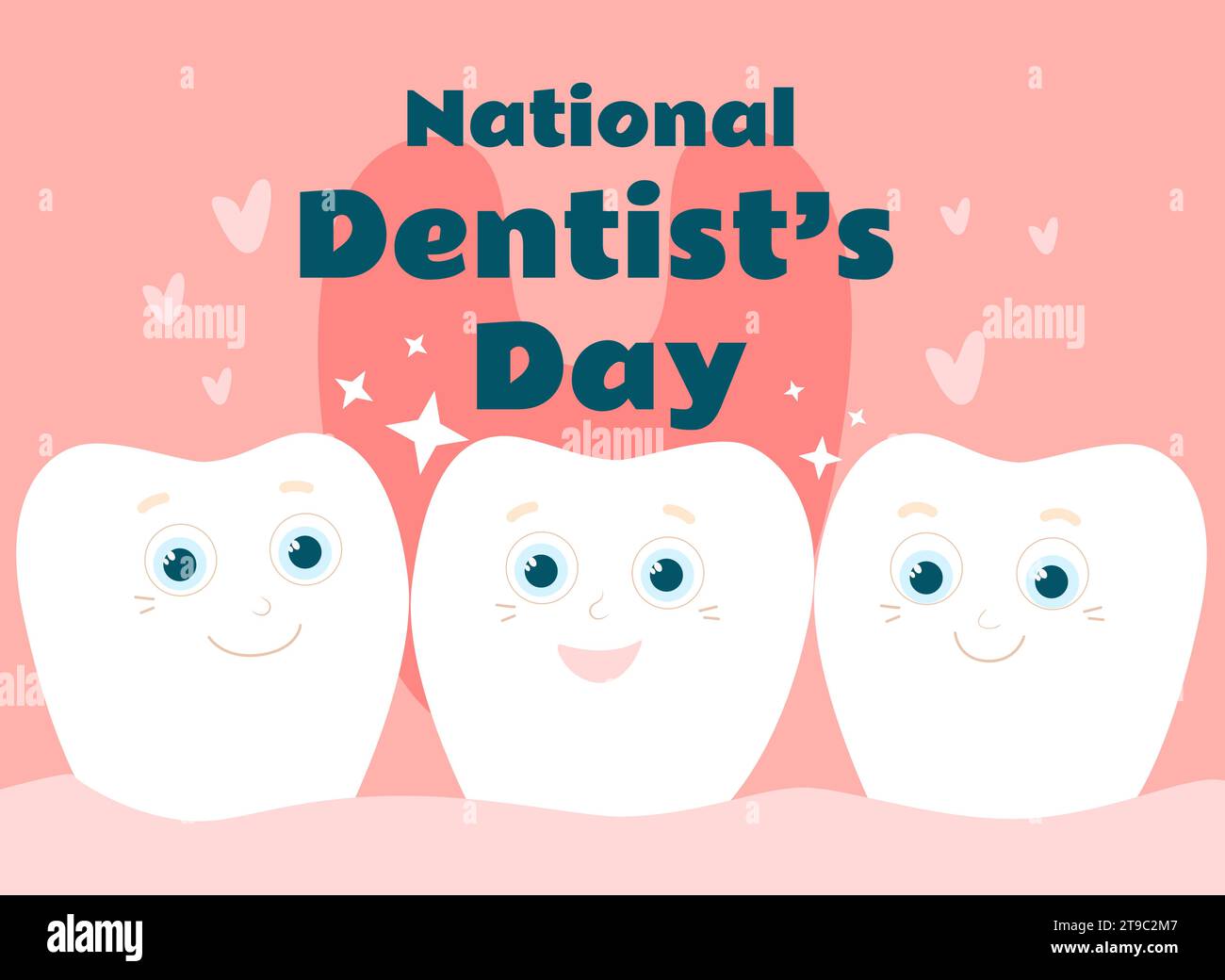 Cute and happy teeth are smiling in the mouth. Postcard National Dentist Day in cartoon flat children's style in gentle pink colors. Stock Vector