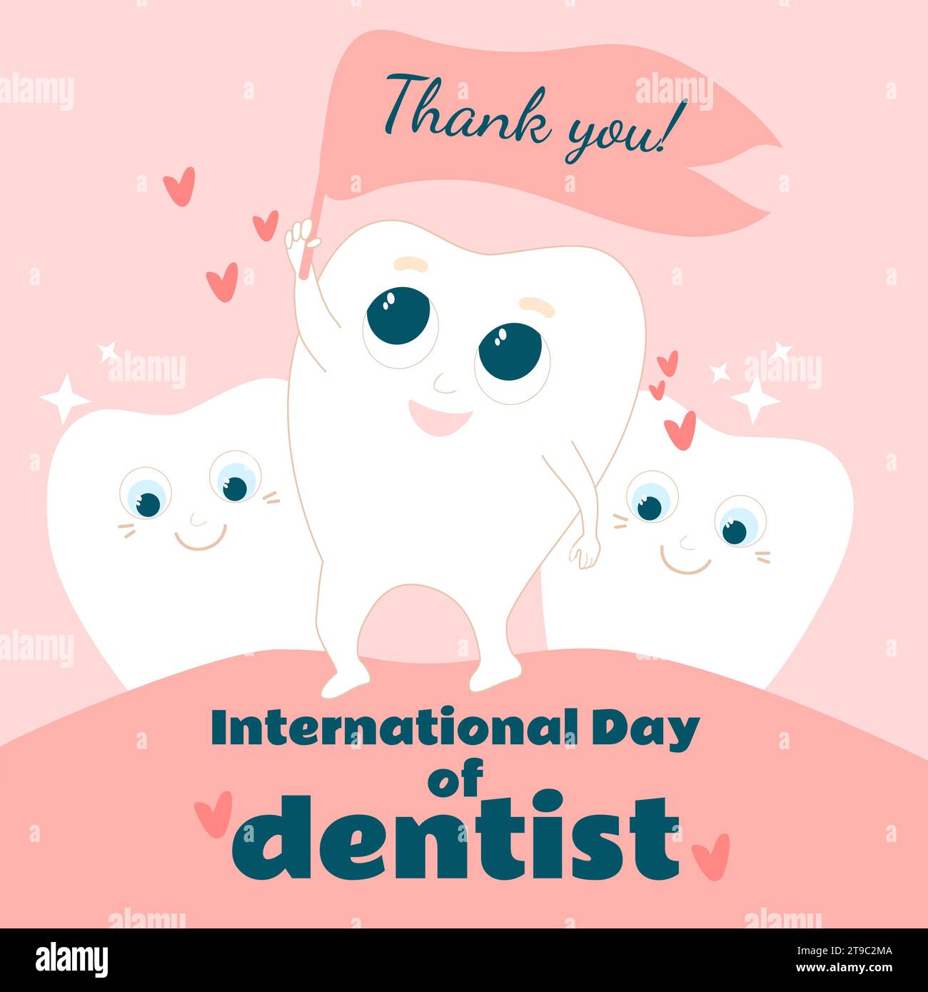 A cute and happy tooth in the mouth on a pink and healthy gum is holding a flag with the words Thank you. National dentist day greeting card. Stock Vector