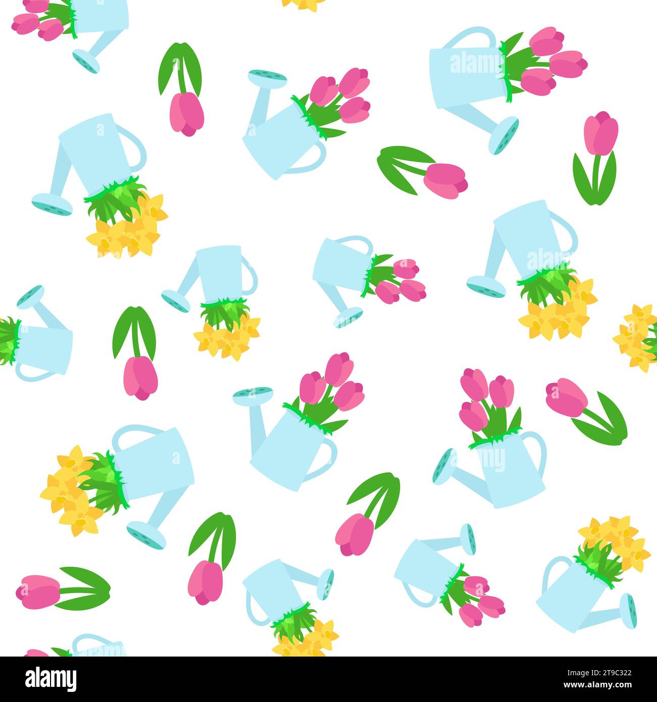 Seamless spring pattern tulips in watering cans. Ornament for textiles, packaging, background design in cartoon style. Stock Vector