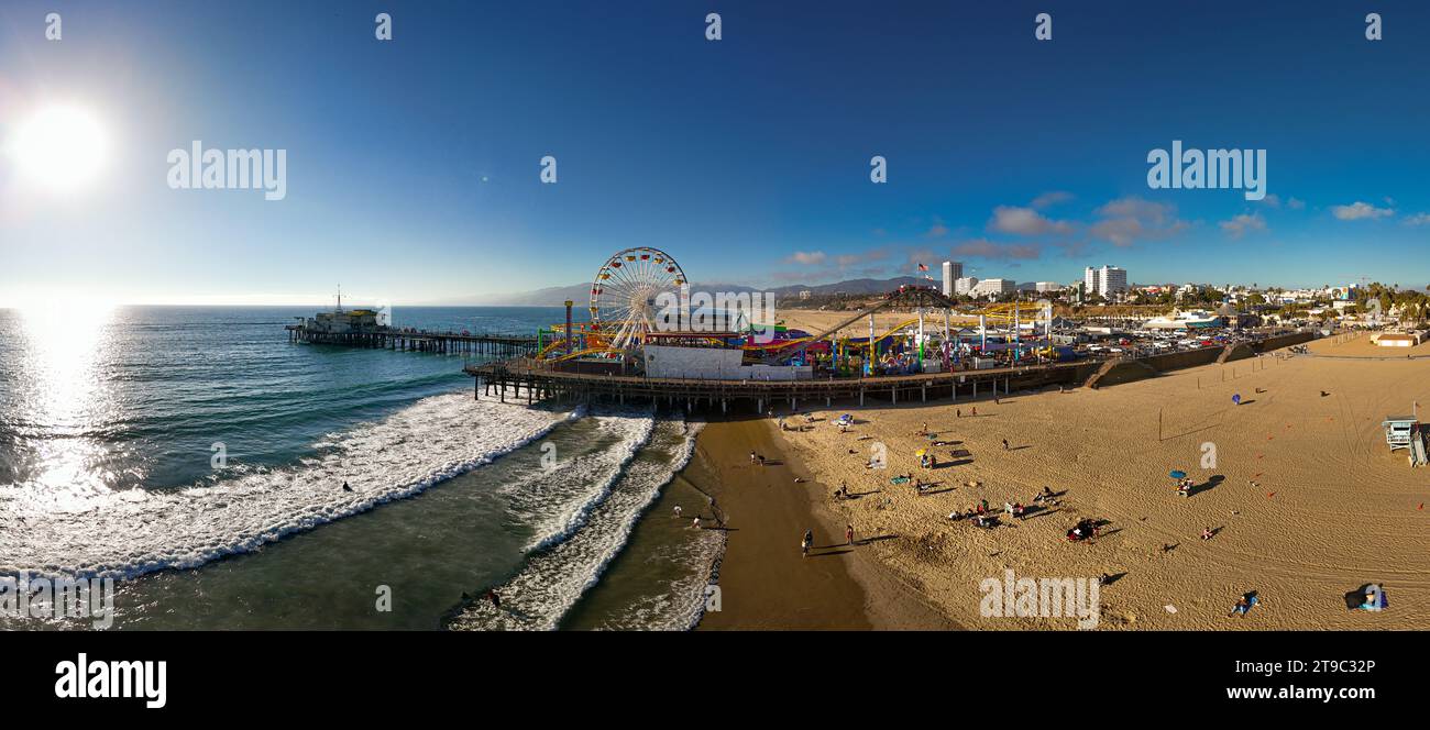 Santa Monica Pier in Los Angeles panoramic aerial view aerial drone ...