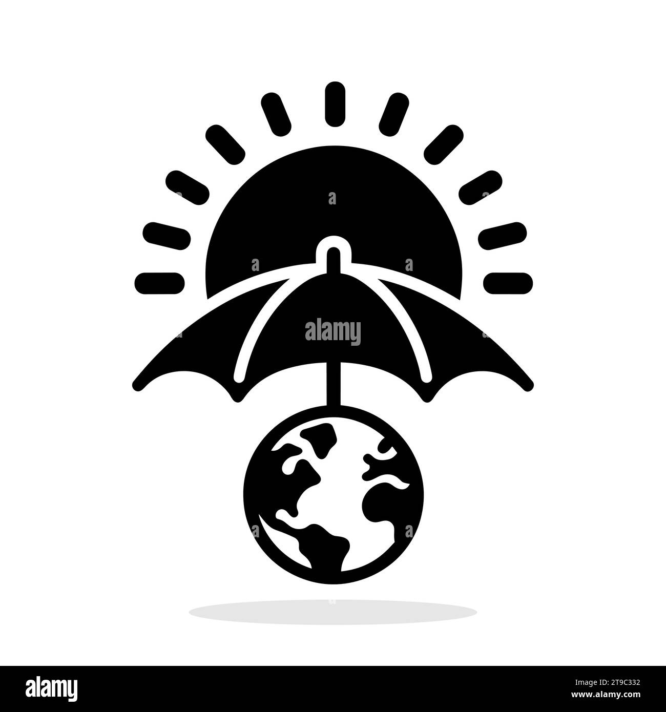 Umbrella protecting globe Earth. Black icon in flat design. Global warming concept. Vector illustration Stock Vector