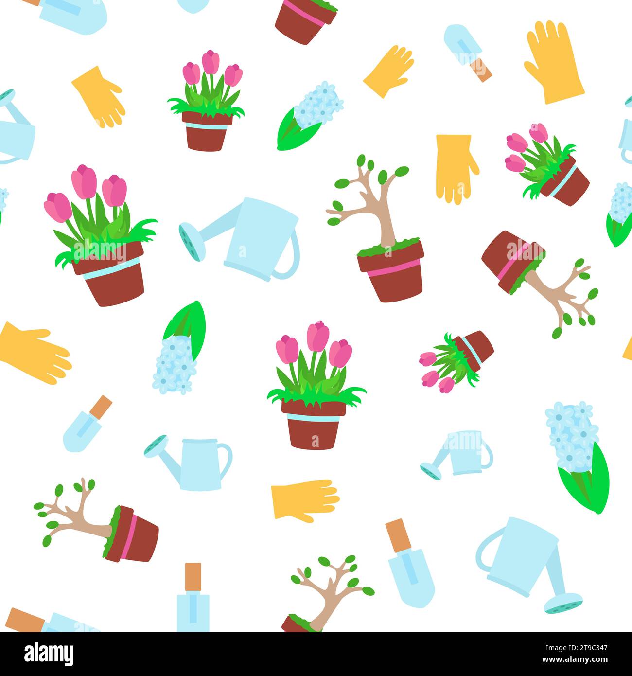 Seamless pattern garden tools watering can, shovels, rakes and gloves, potted tulips and hyacinth. Ornament for textiles, packaging, background design Stock Vector