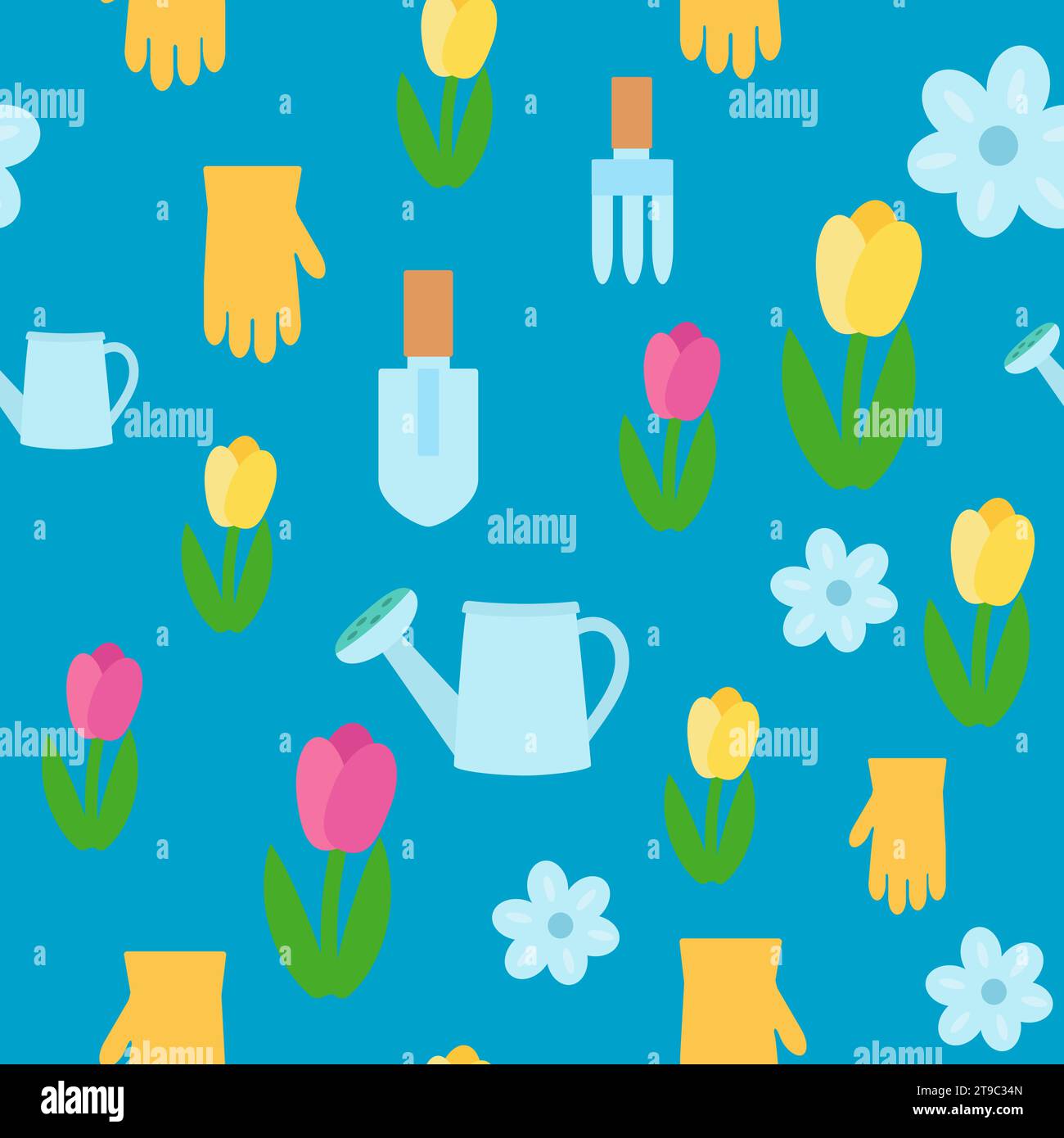 Seamless pattern spring flowers tulips, watering can, spatula, rake and glove. Ornament for textiles, packaging, background design in cartoon style. Stock Vector