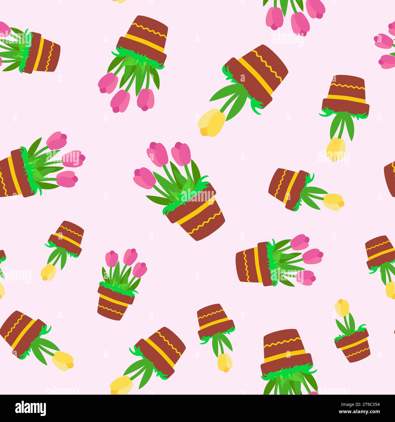 Seamless pattern spring and tulips in ceramic pots. Ornament for textiles, packaging, background design in cartoon style. Stock Vector
