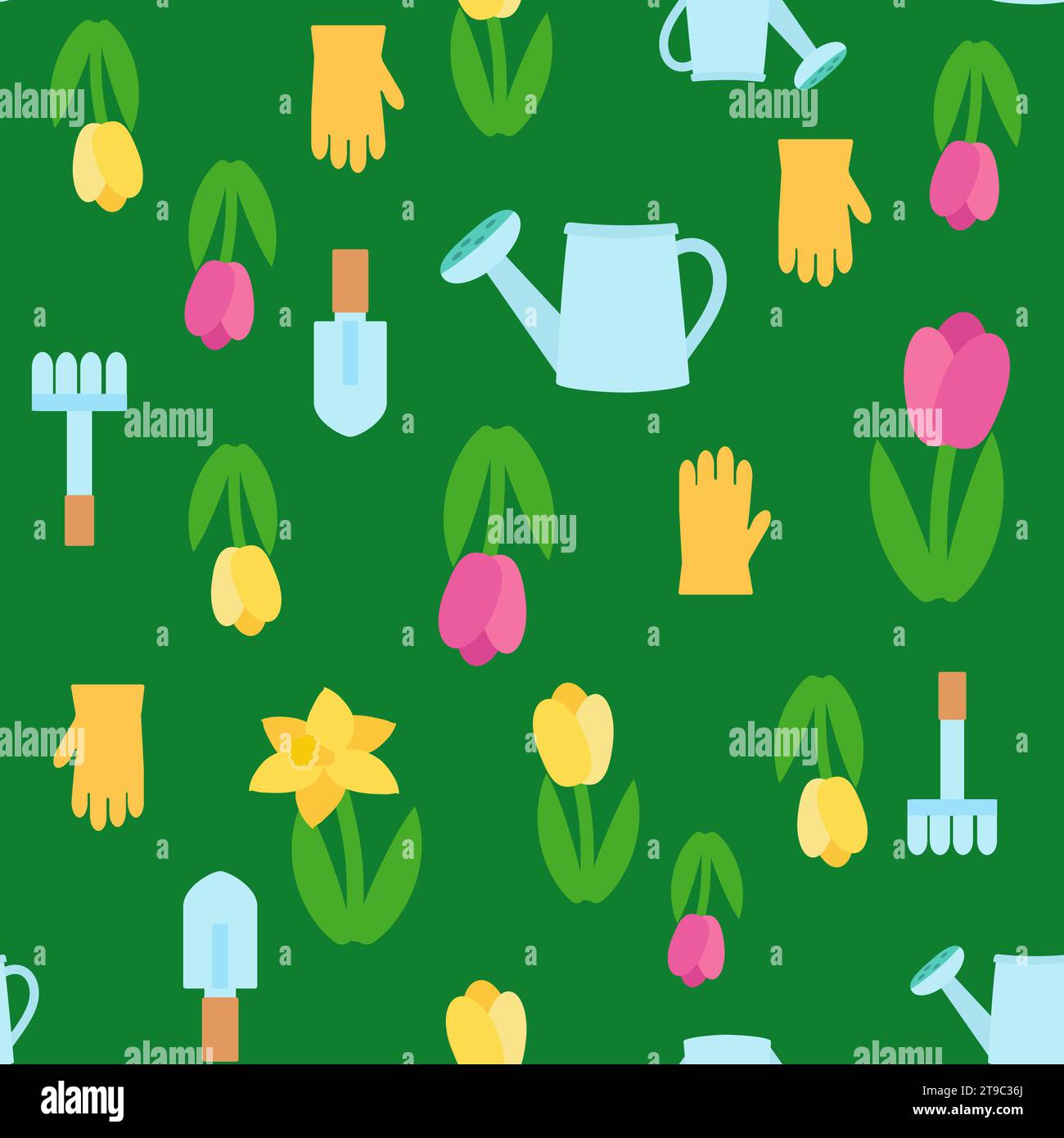 Seamless pattern spring flowers tulips, watering can, spatula, rake and glove. Ornament for textiles, packaging, background design in cartoon style. Stock Vector