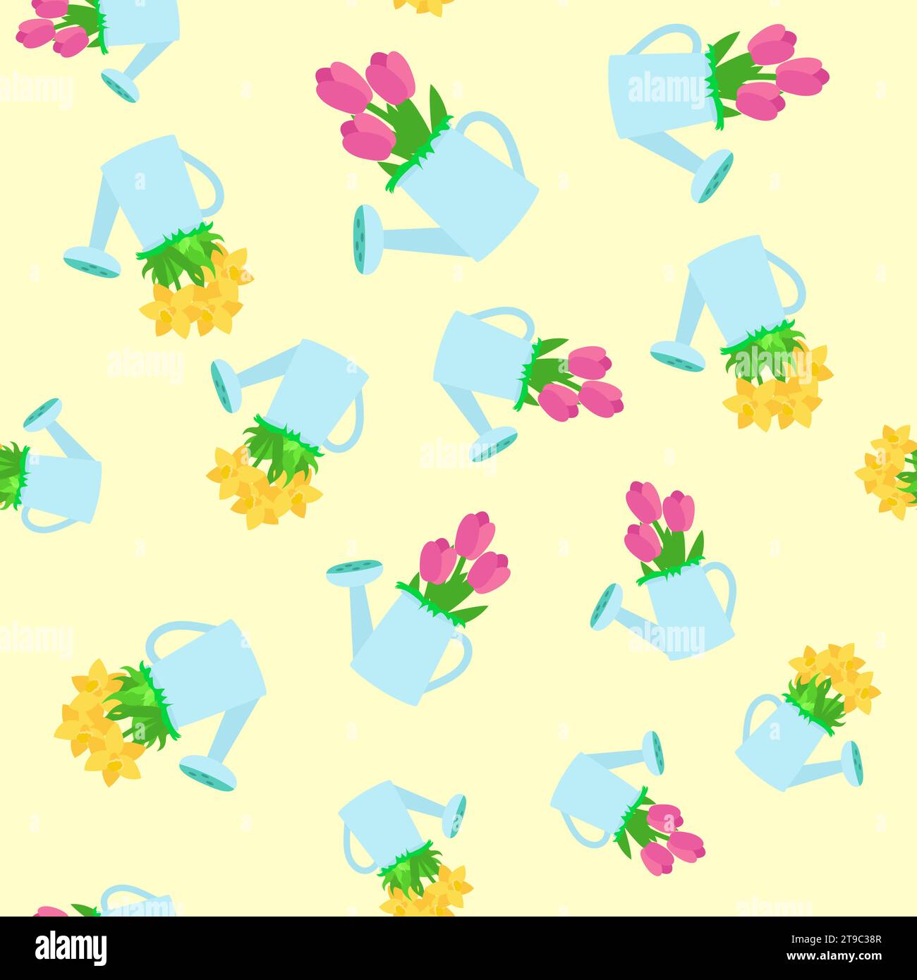 Seamless pattern spring flowers tulips and daffodils in watering cans ...