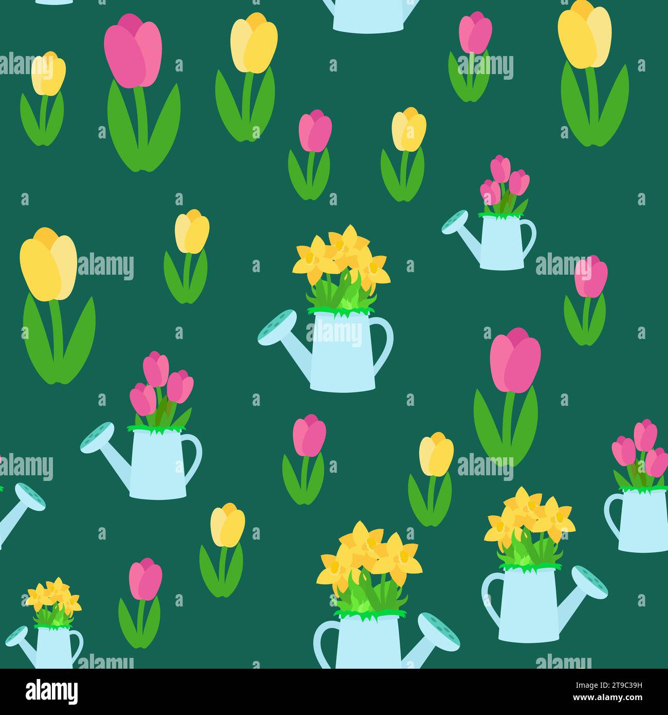 Seamless pattern spring and tulips and a watering can with flowers ...