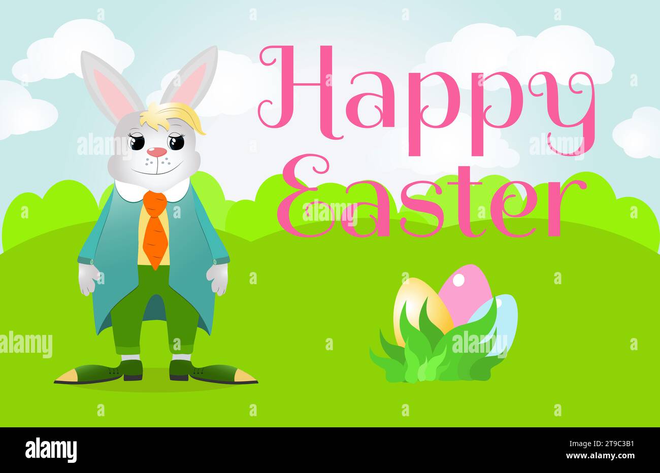 An Easter Bunny dressed in a jacket and trousers stands right on the field and in front of him are eggs in the grass. Horizontal banner with green mea Stock Vector