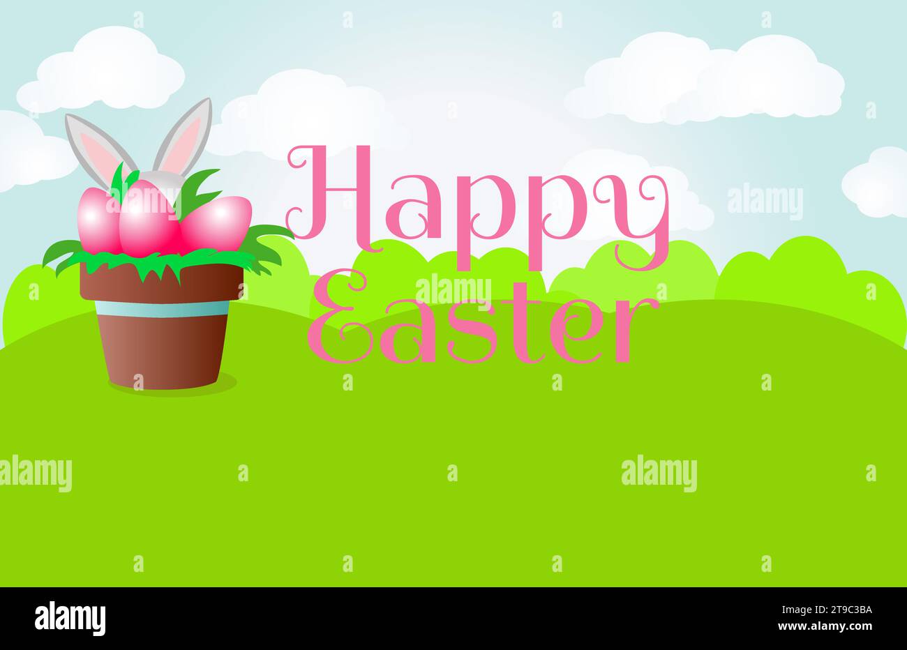 On the green grass is a decorative pot with painted eggs and the text Happy Easter. The ears of the Easter Bunny protrude from the back of the eggs. H Stock Vector
