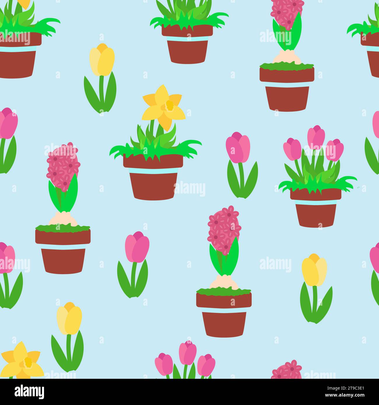 Seamless endless pattern of pink and yellow tulips, daffodils and hyacinths in ceramic pots on a blue background. Flat cartoon style illustration for Stock Vector