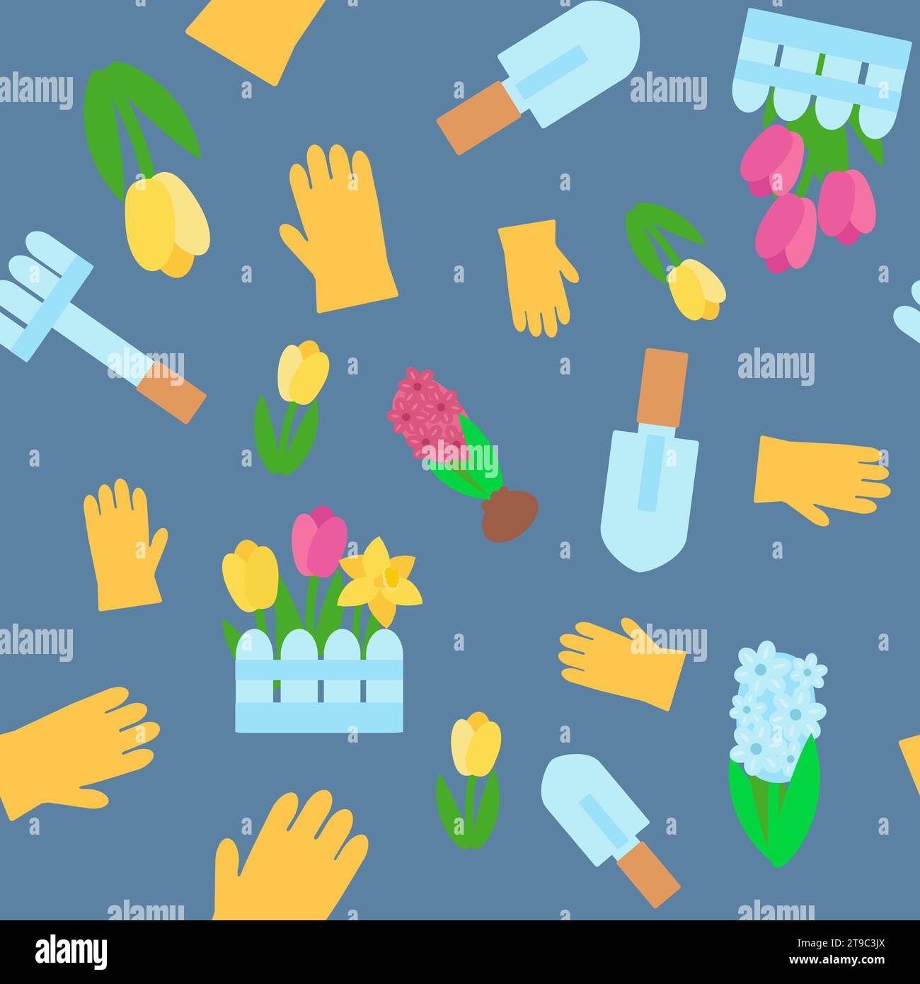 Seamless pattern garden tools spatulas, rakes and gloves, tulips, hyacinth and narcissus near the fence. Ornament for textiles, packaging, background Stock Vector