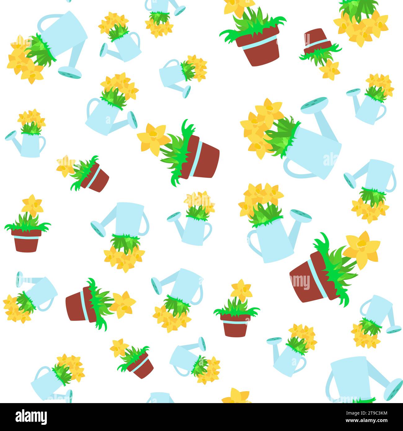 Seamless pattern spring flowers daffodils in a watering can. Ornament for textiles, packaging, background design in cartoon style. Stock Vector