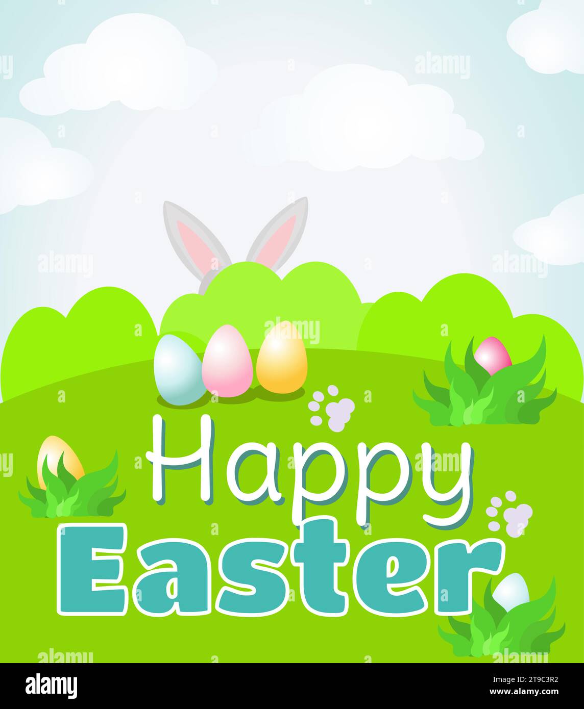 Easter card. Happy Easter lettering background with bright spring landscape and ears that protrude from the bushes. In the foreground are painted eggs Stock Vector