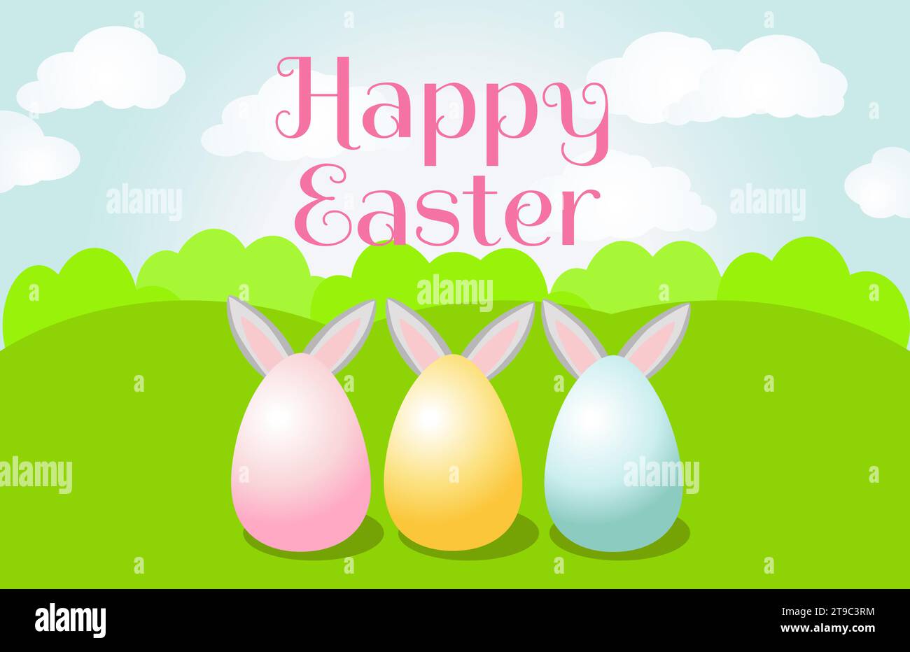 Close-up of painted eggs on green grass with rabbit ears sticking out behind the eggs. Horizontal banner with green meadow and blue sky and text Happy Stock Vector