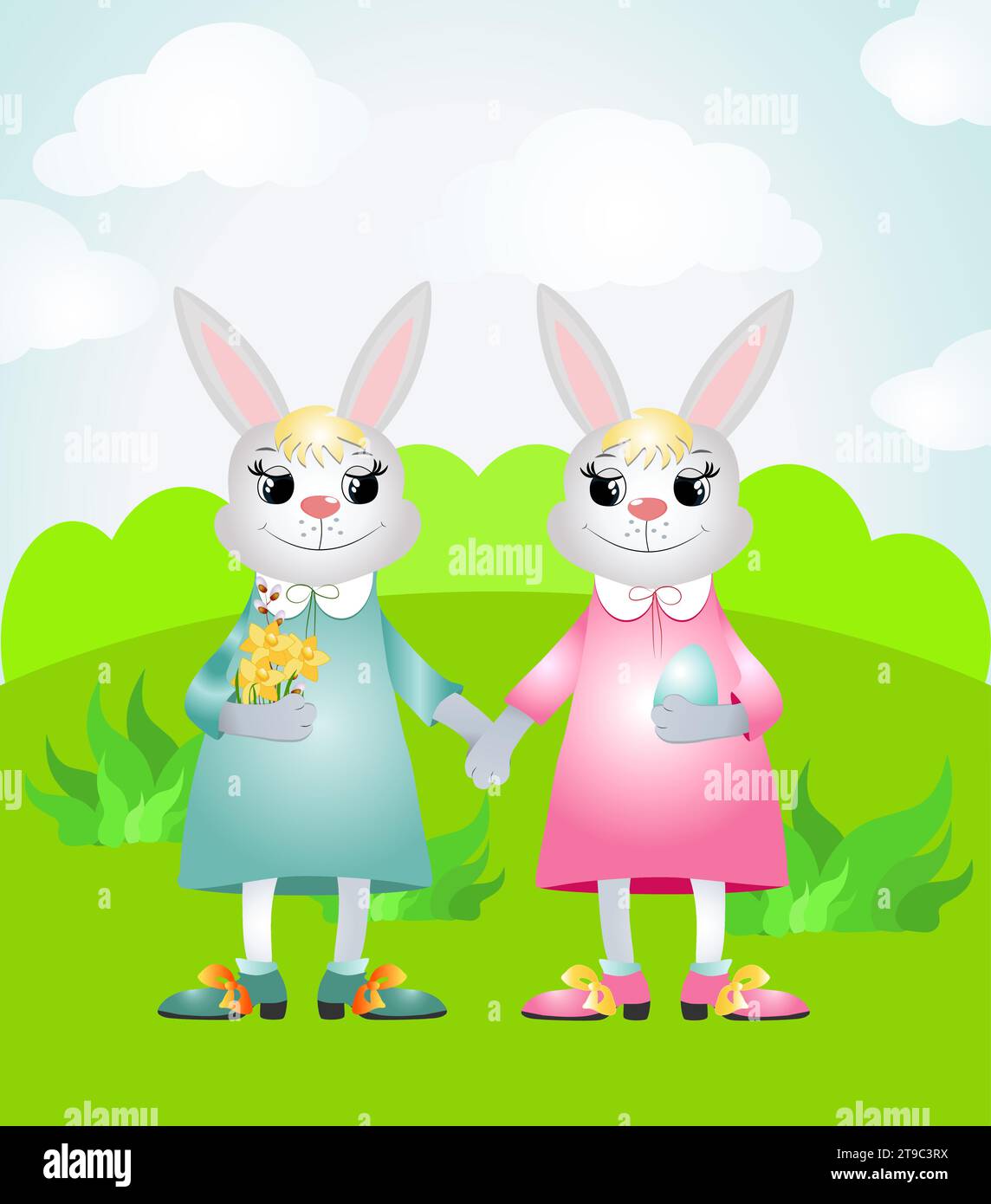Easter bunny  smiling happily. The bunny wear dresses and hold Easter egg and flowers in their hands. Vector illustration for Easter cards and greetin Stock Vector