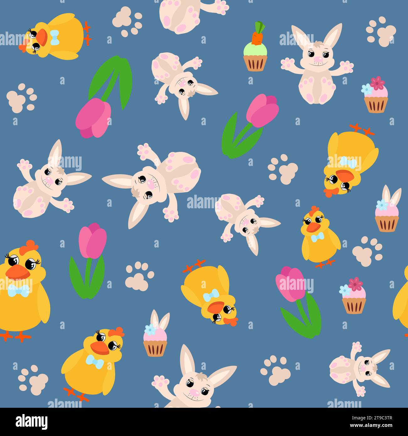 Seamless pattern spring tulips, chick and easter bunny. Easter ornament for children's textiles, packaging, background design in cartoon style. Stock Vector