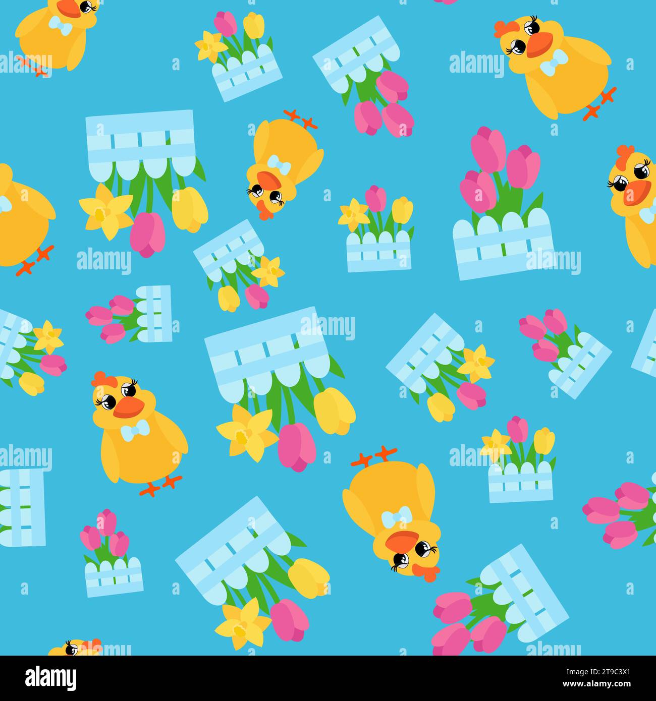Seamless pattern cute little chicken and spring flowers daffodils and tulips near the fence. Easter ornament for children's textiles, packaging, backg Stock Vector