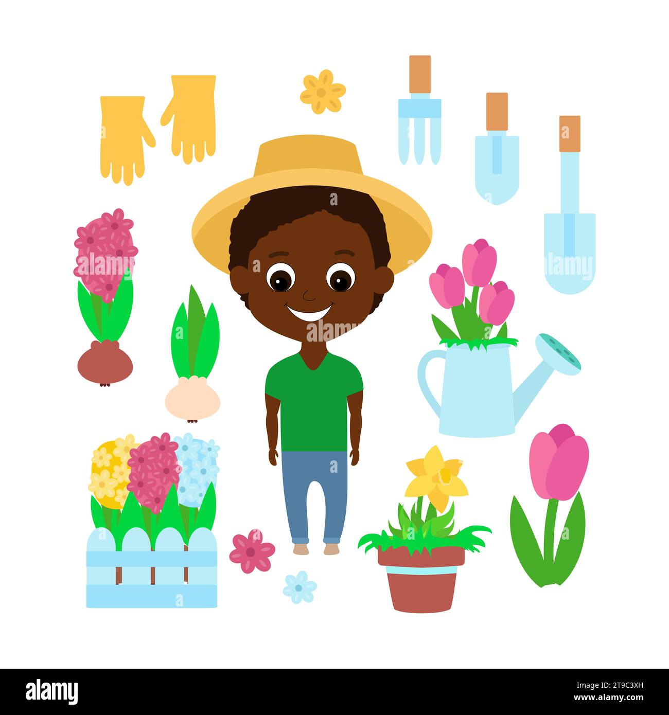 Set spring and gardening: children, tulips, flower pots, decorative fences, daffodils, hyacinths and their bulb, one watering can and watering can wit Stock Vector