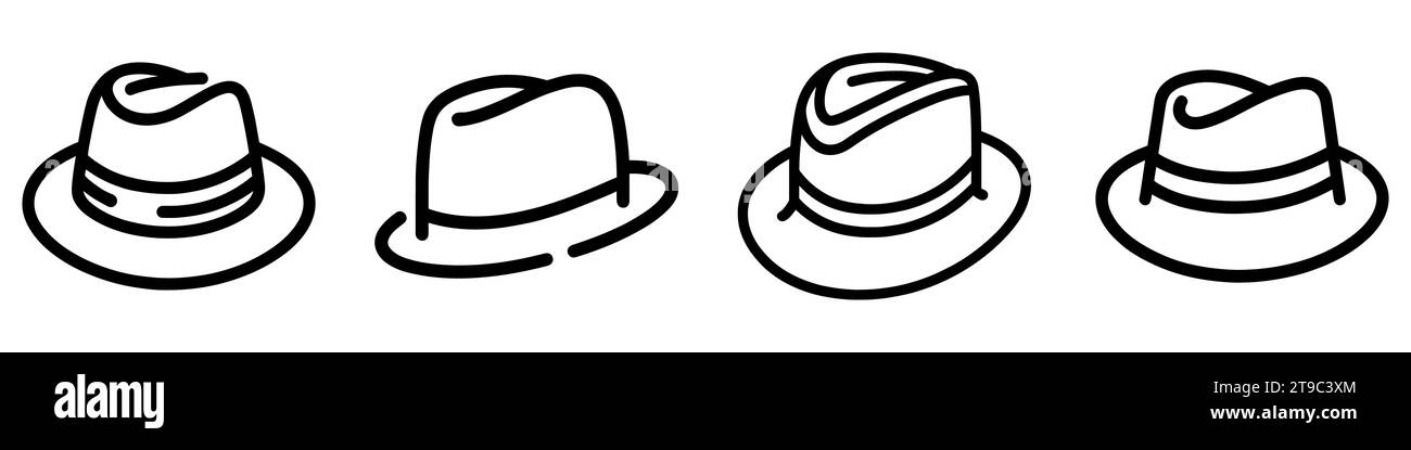 Fedora hat icons set. Fedora hat black linear icon on white background. Vector illustration Stock Vector