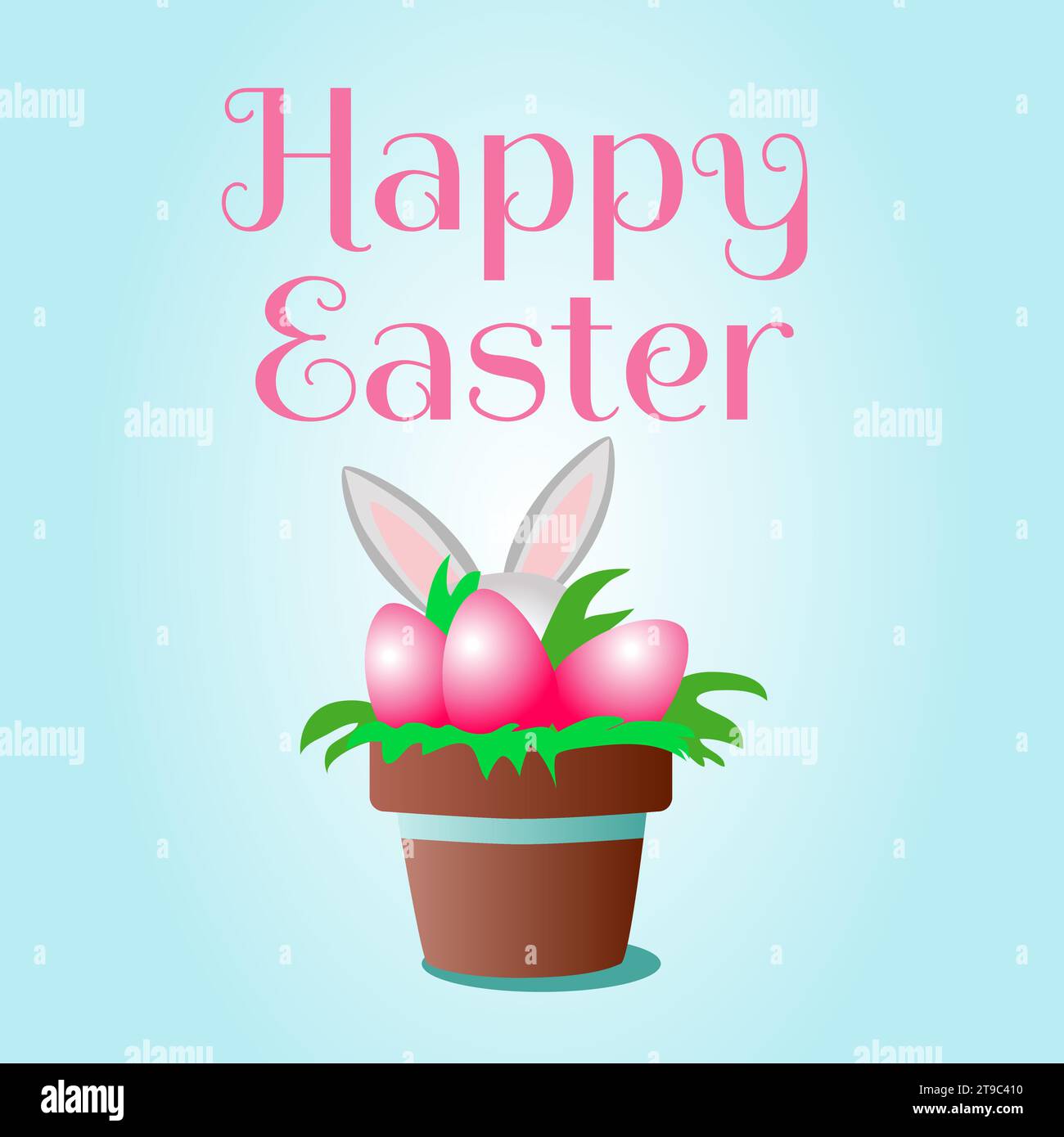 Ceramic pot with grass and decorative eggs on blue sky background and text Happy Easter. Vertical holiday banner. Stock Vector
