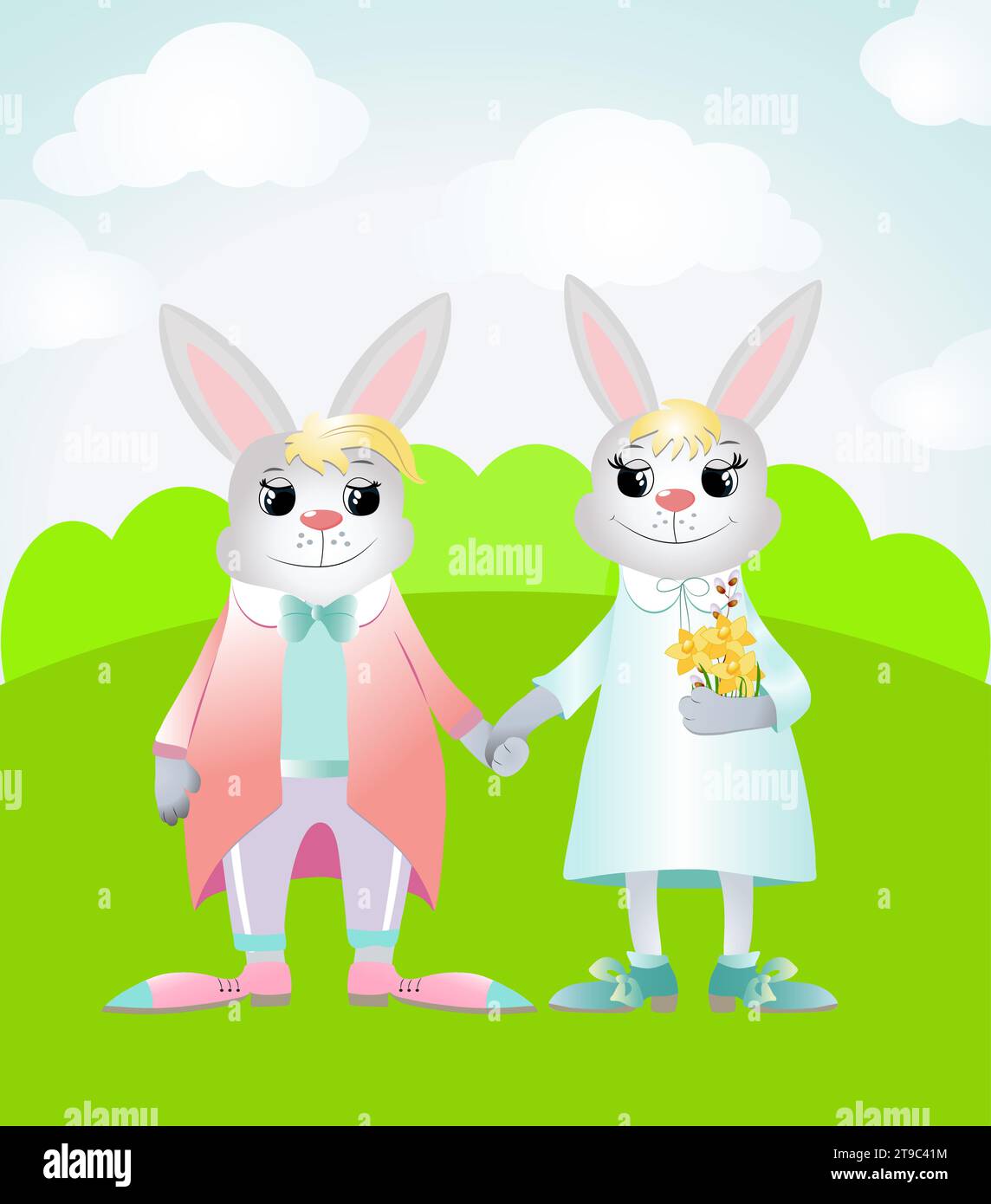 A happy Easter bunnies is standing on a green field and smiling. Vector illustration for easter cards and greetings. Rabbits dressed in a jacket  and Stock Vector