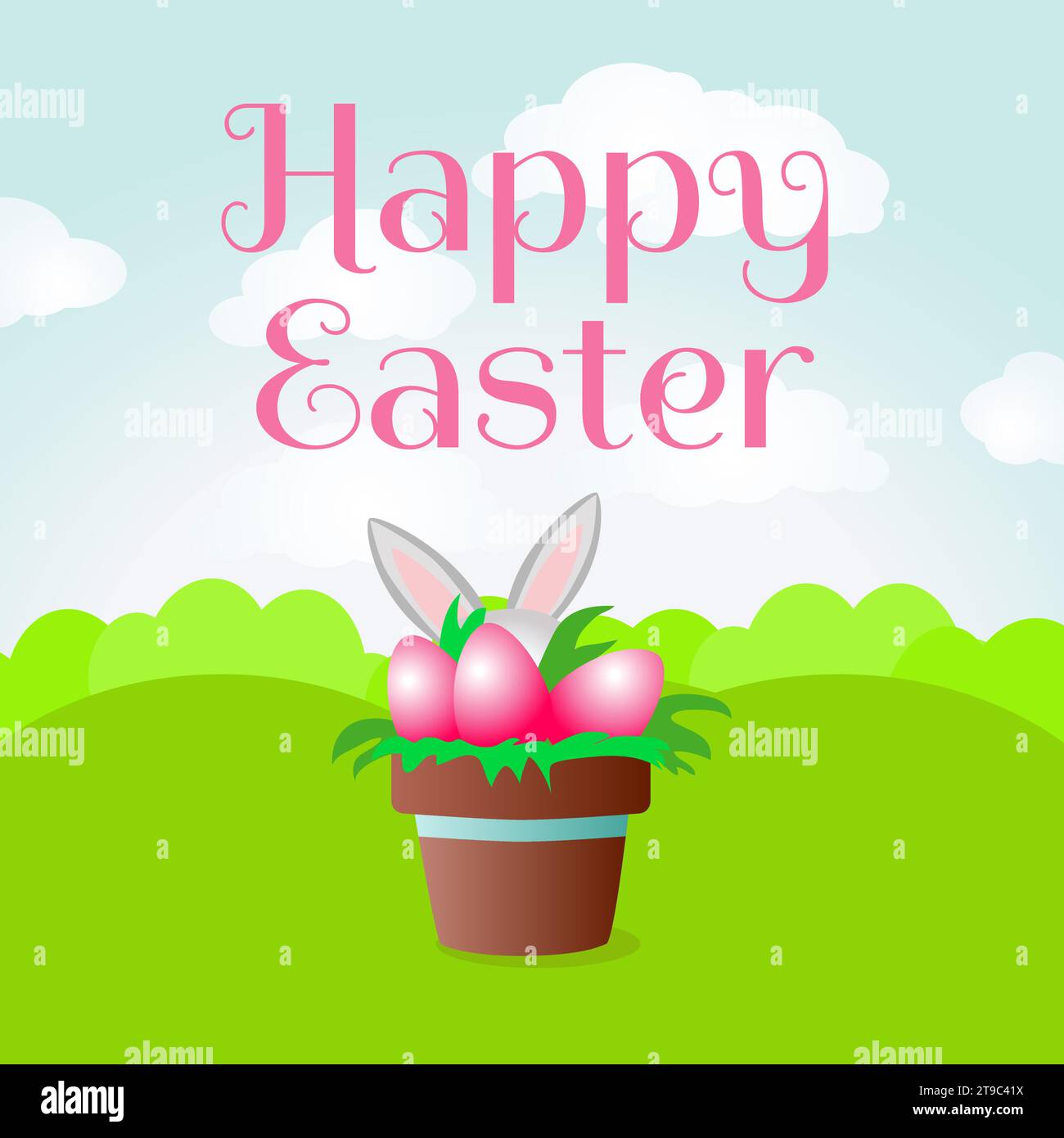 On the green grass there is a ceramic pot with painted eggs and the ears of the Easter Bunny stick out from behind. Vertical banner for spring holiday Stock Vector