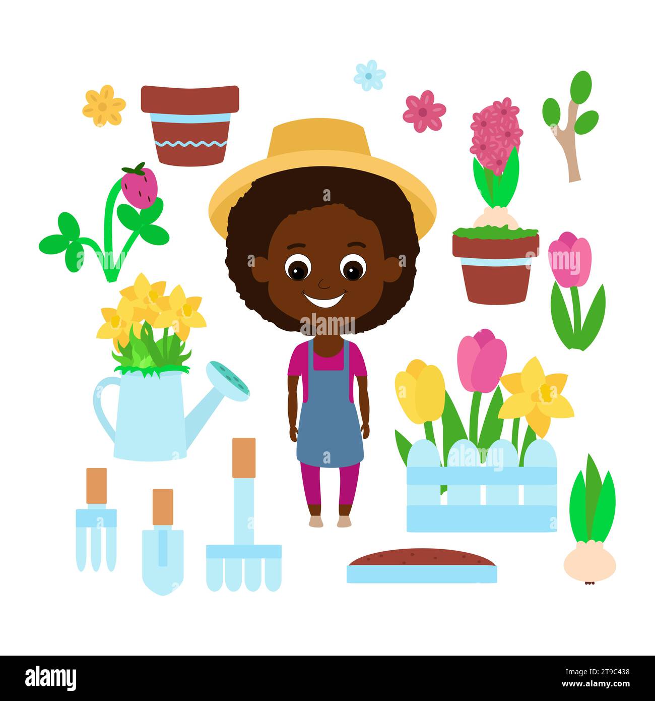 Set spring and gardening: children, tulips, flower pots, decorative fences, daffodils, hyacinths and their bulb, one watering can and watering can wit Stock Vector