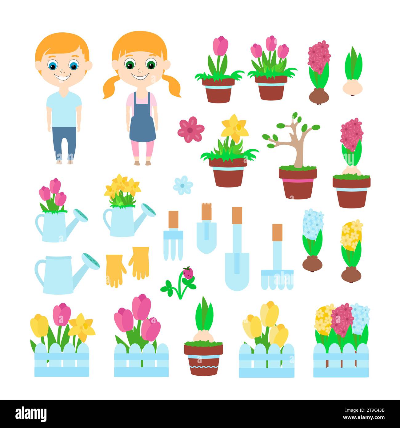 Set spring and gardening: children, tulips, flower pots, decorative fences, daffodils, hyacinths and their bulb, one watering can and watering can wit Stock Vector
