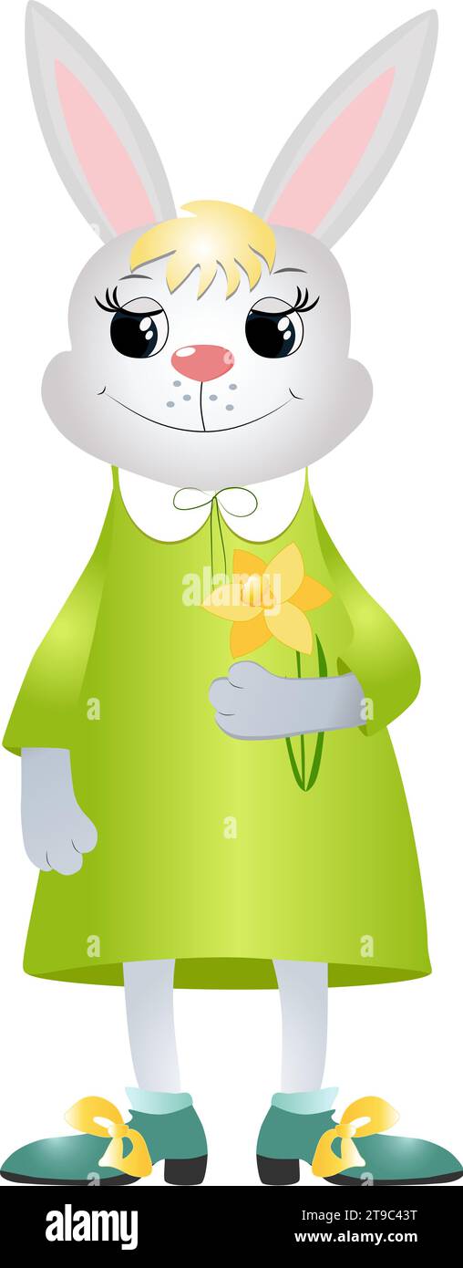 The lovely rabbit smiles happily. Vector illustration of a cartoon Easter bunny. The bunny is dressed in a bright dress and shod in shoes with bows. Stock Vector