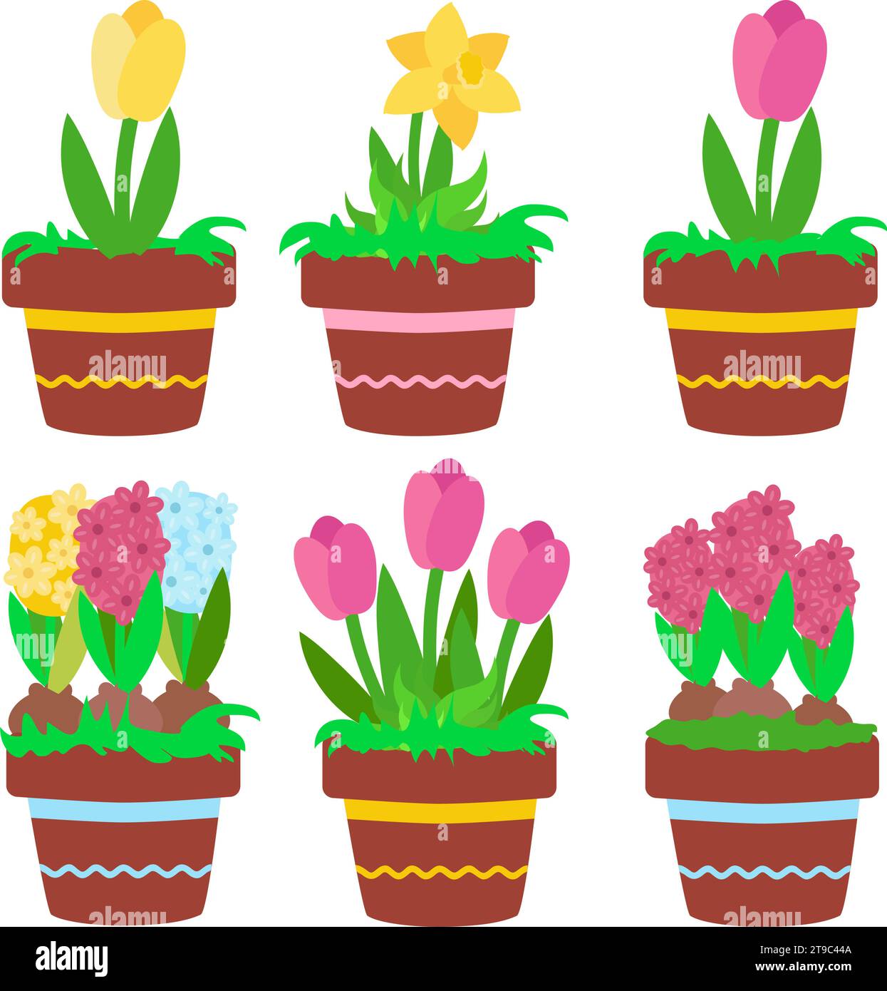 Set spring flowers in ceramic pots with decor: yellow and pink tulips, daffodils, yellow, blue and raspberry hyacinths. Hobbies growing plants in cart Stock Vector