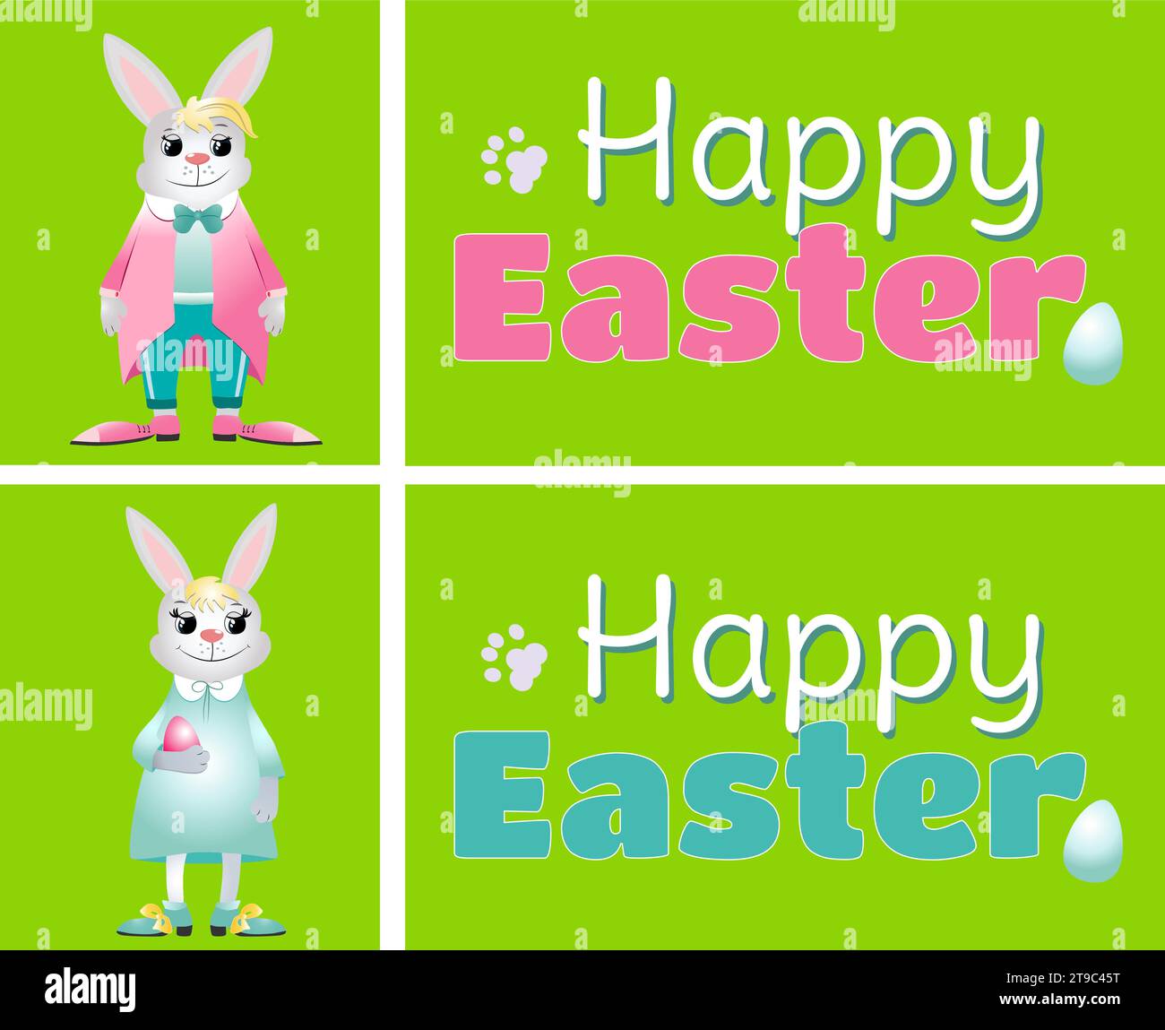 Set of a bunny boy and a bunny girl, inscriptions Happy Easter and decorative eggs. Vector illustration greeting card, ad, flyer, promotion, web-banne Stock Vector