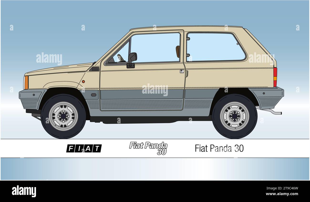 Italy, year 1980, Fiat Panda 30 vintage classic car silhouette, coloured illustration Stock Photo