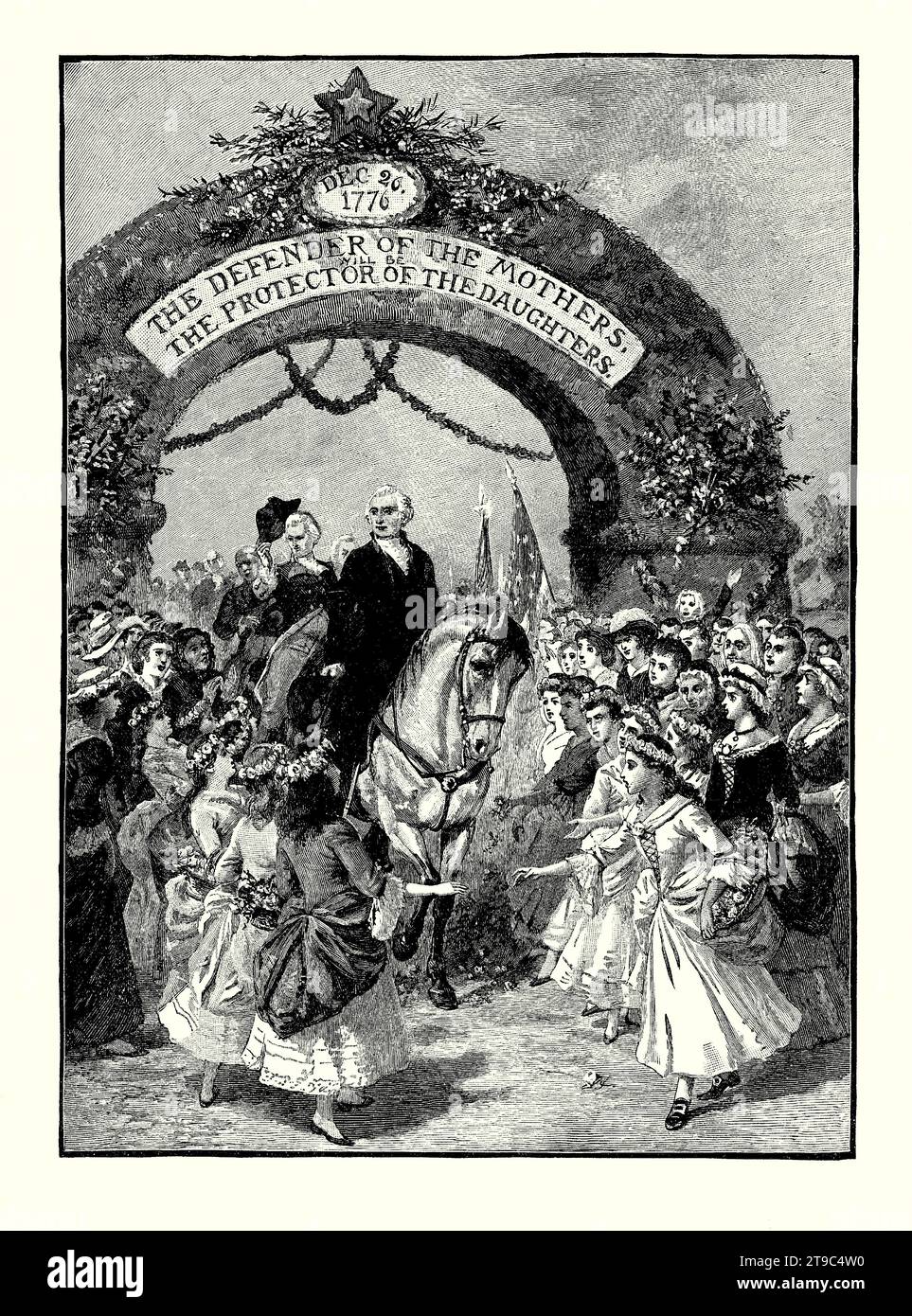 An old engraving of George Washington’s entrance through the Triumphal Arch erected by the citizens at Trenton, New Jersey, USA on April 21 1789. It is from an American history book of 1895. On April 14 Washington learned he was elected the first President of the United States. He left his Mount Vernon home two days later on his way to New York City for his inauguration. On the way, he travelled through many towns and cities where he was met with similar celebrations. Stock Photo
