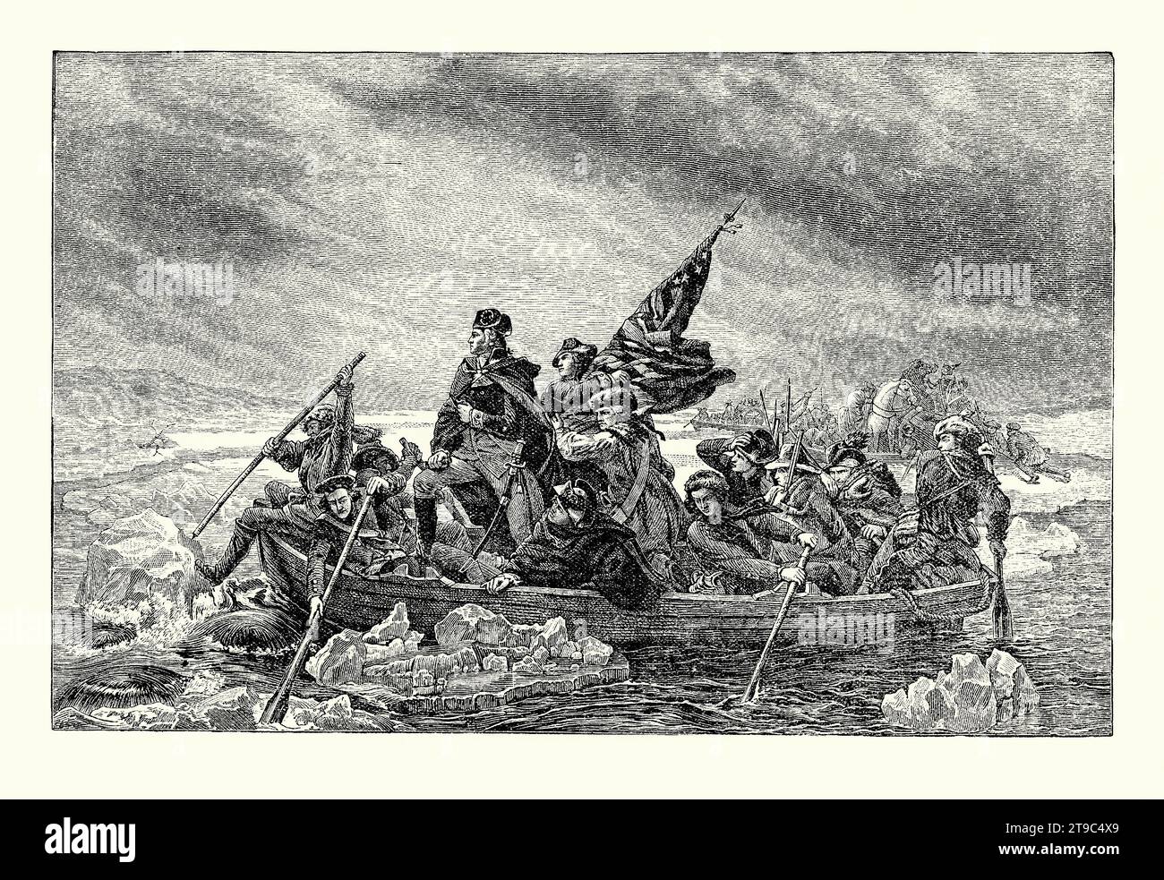 An old engraving of General George Washington’s secretive crossing in small boats of the icy Delaware River, Mercer County, Pennsylvania, USA on the night of December 25 1776. It is from an American history book of 1895. It took place during the American Revolutionary War, and was a surprise attack organised by Washington, the commander-in-chief of the Continental Army, against the garrison at Trenton, New Jersey who were German mercenaries (Hessians) hired by the British. After the crossing, Washington’s troops successfully attacked the Hessians in the Battle of Trenton on December 26 1776. Stock Photo