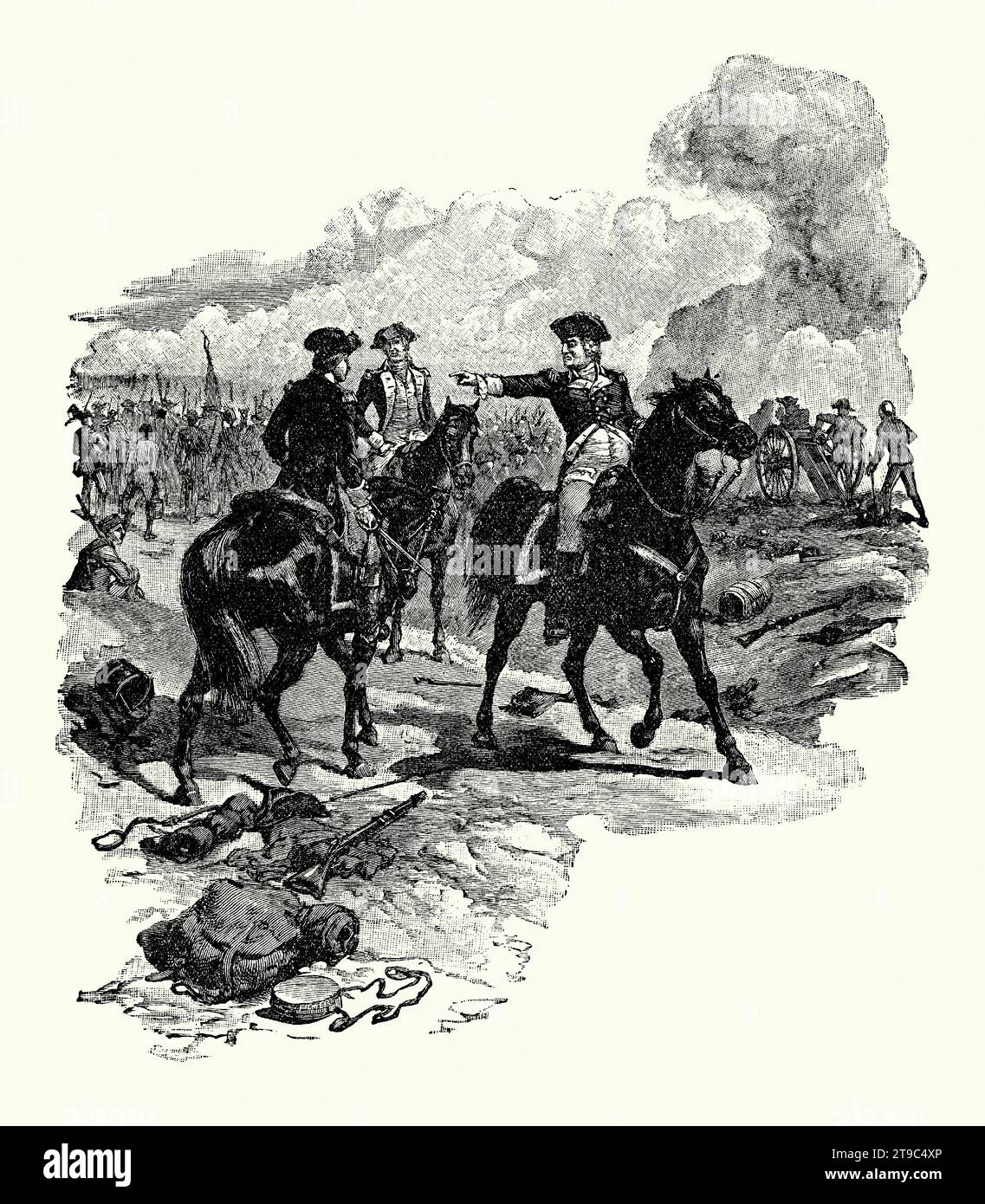An old engraving showing General George Washington displeased with Major General Charles Lee at the Battle of Monmouth at Freehold, New Jersey, USA on June 28 1778. It was fought during the American Revolutionary War against the British. Washington detached troops under the command of Major General Charles Lee. However, Lee’s decision to retreat did not sit well with Washington. Washington said he would initiate an official inquiry into Lee's conduct. Lee's response demanding a court-martial was deemed insolent and Washington ordered his arrest. Stock Photo