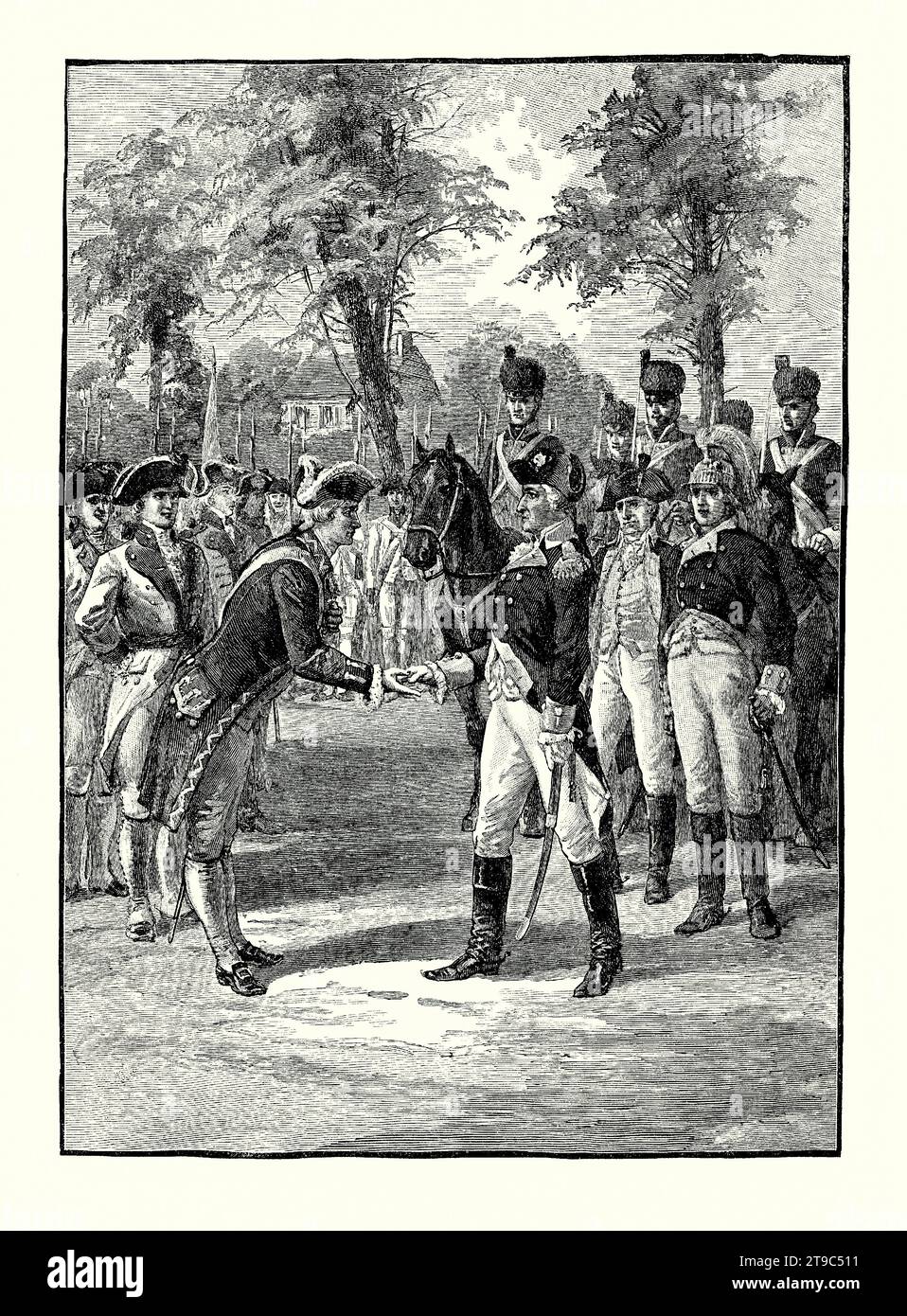 An old engraving showing General George Washington meeting Jean-Baptiste Donatien de Vimeur, le Comte de Rochambeau at Hartford, Connecticut, USA in late September 1780. It is from an American history book of 1895. Rochambeau, in command of the French forces and Continental Army commander Washington held a series of meetings throughout that winter discussing their plans for a major operation in 1781 against the British. The collaboration between the two led to the victory at Yorktown, Virginia that would assure American independence. Stock Photo