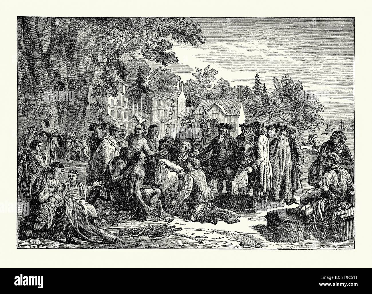 An old engraving depicting The Treaty of Penn with the Indians (or Penn's Treaty with the Indians at Shackamaxon (present-day Fishtown), Pennsylvania, USA in 1683. It is from an American history book of 1895. William Penn entering into the treaty with Tamanend, a chief of the Lenape (Delaware Indian) Turtle Clan, under an elm tree near the village of Shackamaxon. The peace between the Lenape Turtle Clan and Penn’s successors would endure for over 70 years, until the Penn’s Creek Massacre of 1755. Stock Photo