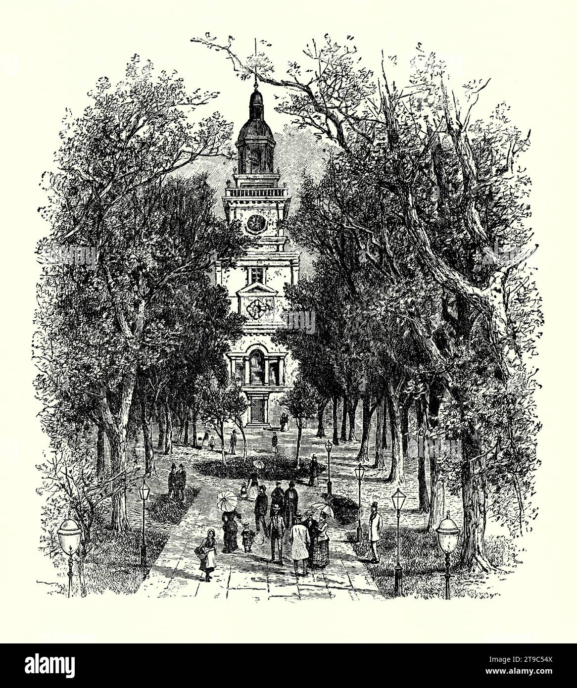 An old engraving of people strolling in the grounds at the rear of Independence Hall, Philadelphia, Pennsylvania, USA in the 1700s. It is from an American history book of 1895. Independence Hall is a historic civic building where both the United States Declaration of Independence and the United States Constitution were debated and ratified in 1788 by America's Founding Fathers. The building was completed in 1753 as the Pennsylvania State House. It served as the first capitol of both the United States and of the Province and later the Commonwealth of Pennsylvania. Stock Photo