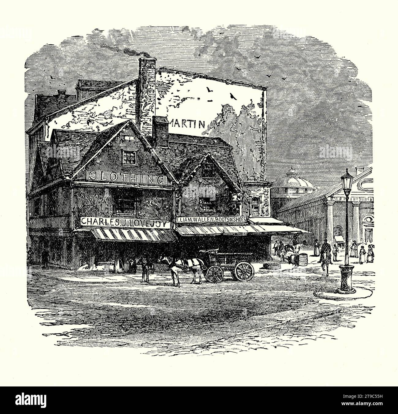An old engraving the of the building where the plot for the Boston Tea Party was said to have been hatched at Dock Square, Boston, Massachusetts, USA in 1773. It is from an American history book of 1895. The Boston Tea Party was an American political and mercantile protest on December 16 1773, by the Sons of Liberty in Boston in colonial Massachusetts. The target was the Tea Act, which allowed the British East India Company to sell tea in the colonies without paying most taxes. The protesters destroyed an entire shipment of tea, boarding the ships and throwing the tea chests into Boston Harbor Stock Photo