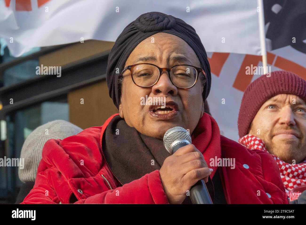 London, UK. 24 Nov 2023.  Hackney MP Diane Abbott. A protest in London joined groups across the world in the Make Amazon Pay coalition striking, protesting, picketing, boycotting, and fighting for the rights of Amazon workers around the world against abuse and exploitation. Amazon dodge taxes, deny union recognition, refuse to pay fair wages or ensure safe working conditions and their activities are wrecking the climate, threatening the future of human life on earth. Peter Marshall/Alamy Live News Stock Photo